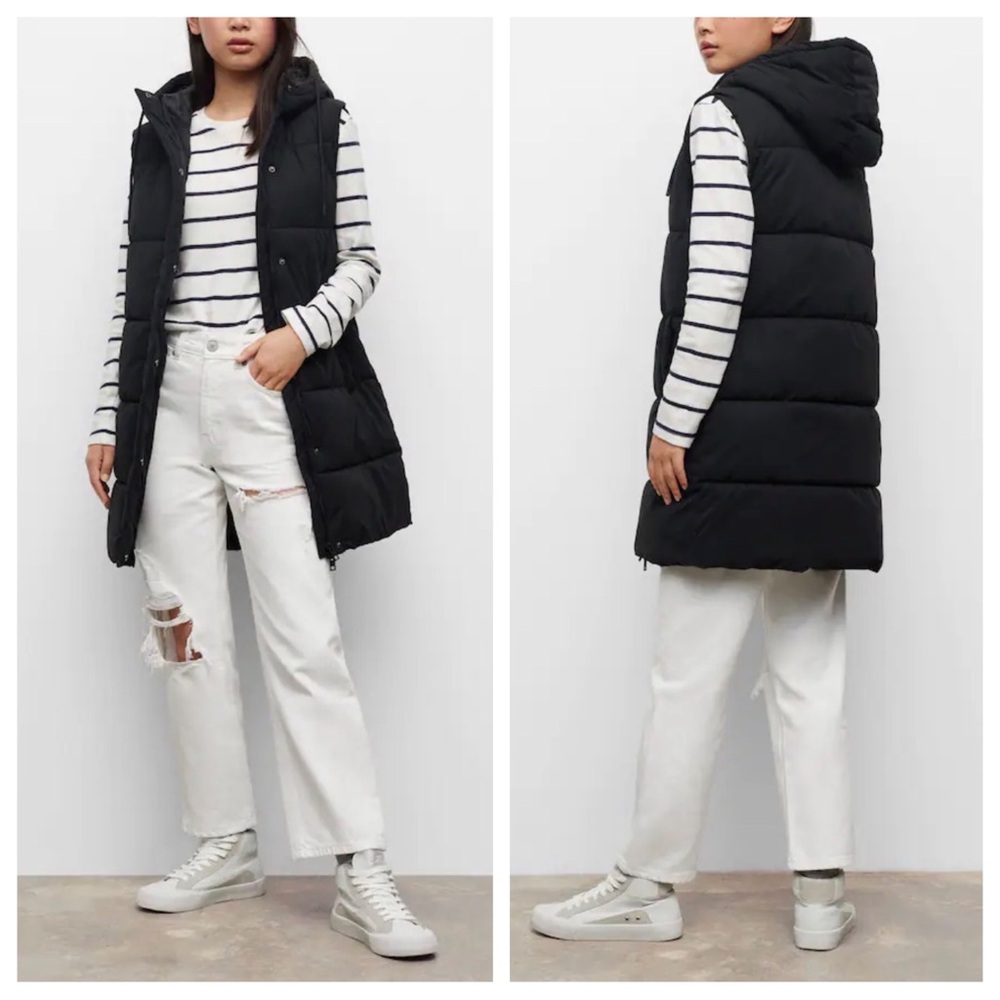 ❤️MANGO like-new long hooded quilted vest XS